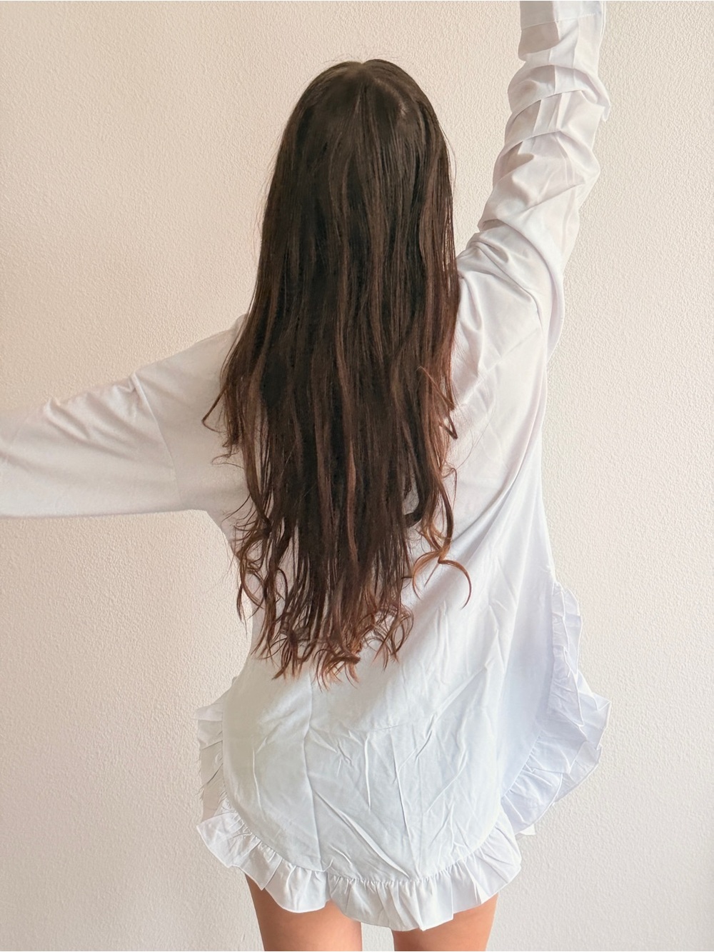 White Ruffle Hem Long-Sleeve Women's Top